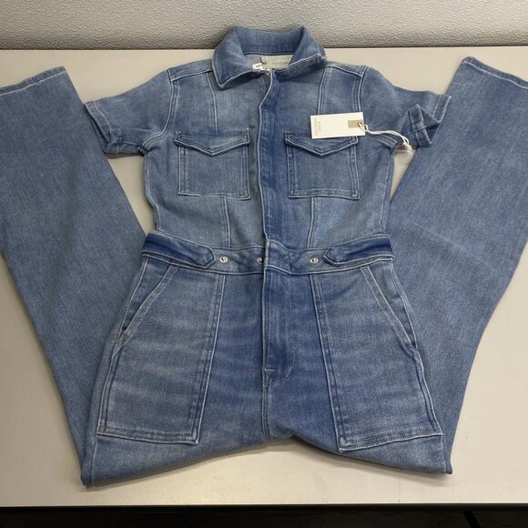Good American Women’s Fit For Success Short-Sleeve Button-Up Jumpsuit  Blue – SP - Picture 1 of 8